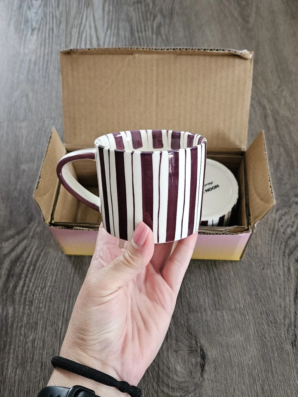 Noon & Moon Striped Set Of 2 Mugs In Cherry Lacquer NWT